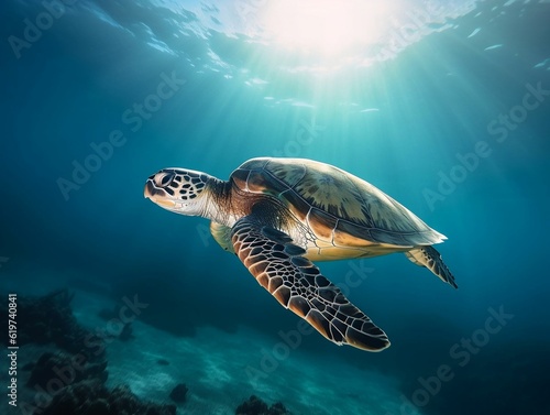 AI generated illustration of a green sea turtle swimming in the sun © Kate73/Wirestock Creators