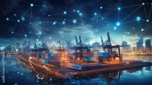 Logistic network distribution. Container cargo ships and industrial freight trucks are used for shipping. Import and export logistics, as well as the transportation business with generative ai