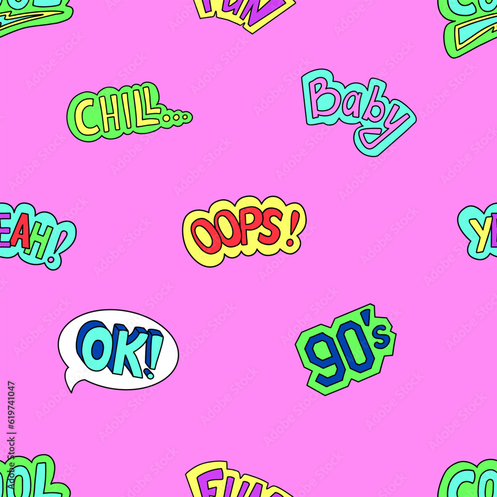 Trendy retro seamless pattern, cool comic style. Pop color 90s hand drawn colorful lettering. Doodle style