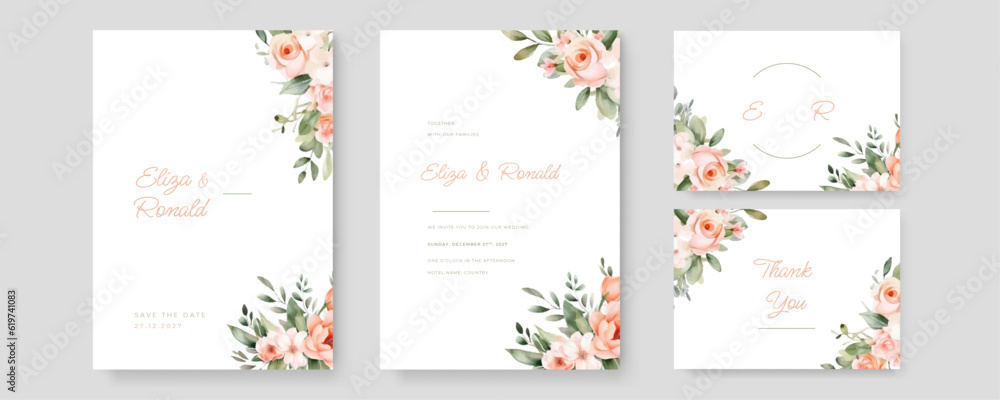 wedding invitation card with greenery watercolor branch leaf and clean frame in minimalist style
