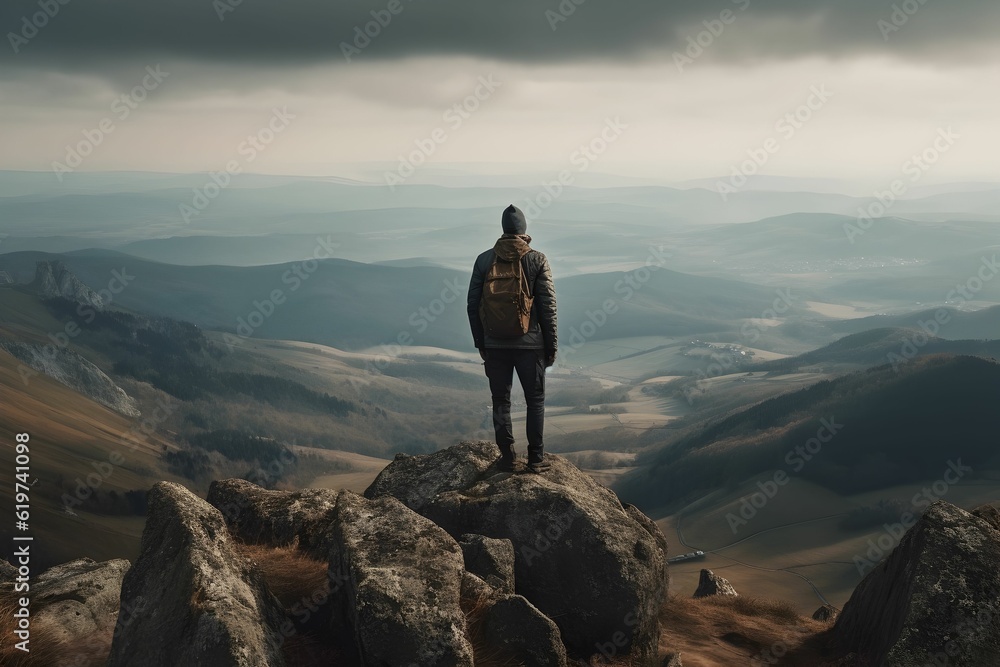 man standing on a rock looking down into the mountains and sky man standing on a rock looking down into the mountains and sky