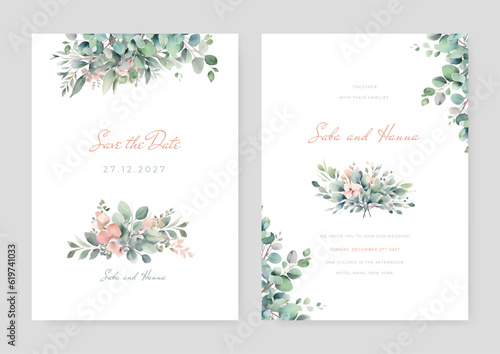 Watercolor wedding invitation template with arrangement flower and leaves