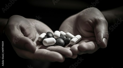 AI generated illustration of a grayscale of hands holding pills and tablets - healthcare concept