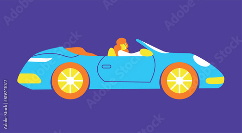 Woman in cabrio car at road trip. Woman driving convertible. Business concept. Summer auto ride in open top. Flat vector illustration isolated on white background