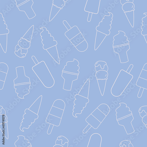 Ice cream seamless vector pattern on blue background in line art style.