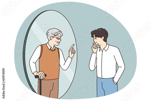 Young man look in mirror see talk with future old self. Younger generation male get advice from older generation himself. Lifetime and self-realization. Vector illustration.