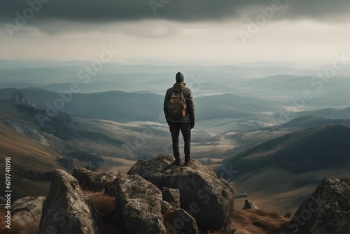 man standing on a rock looking down into the mountains and sky © Daniel Eicher/Wirestock Creators