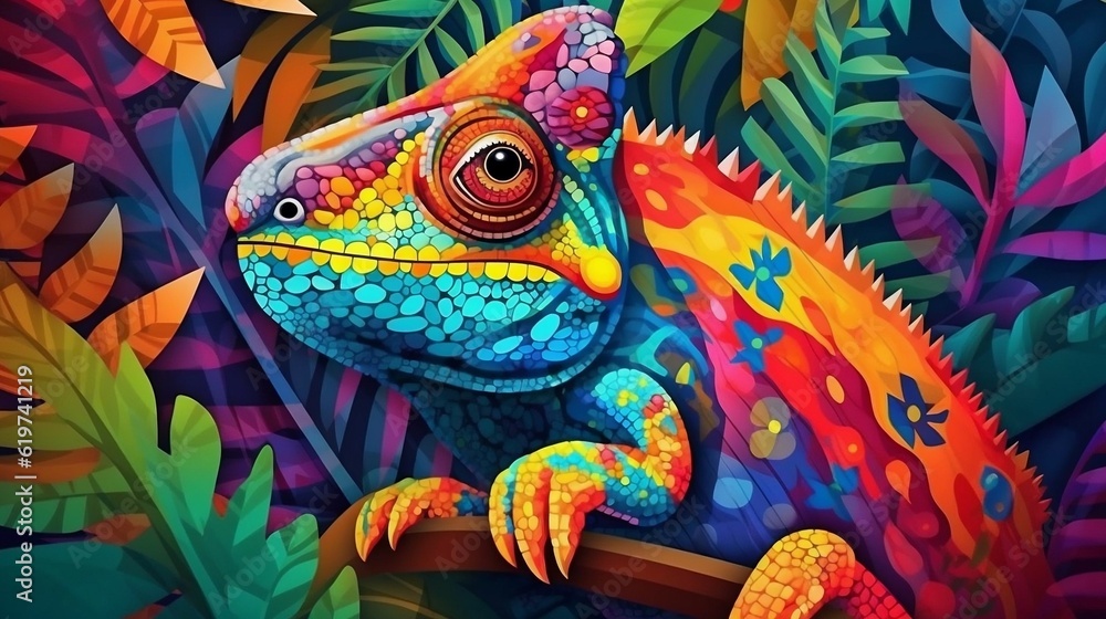 AI generated illustration of a beautiful, exotic chameleon on a green background of tropical foliage