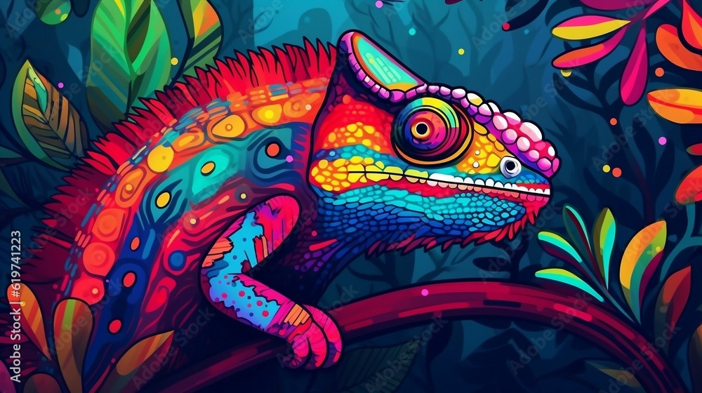 AI generated illustration of a beautiful, exotic chameleon on a green background of tropical foliage