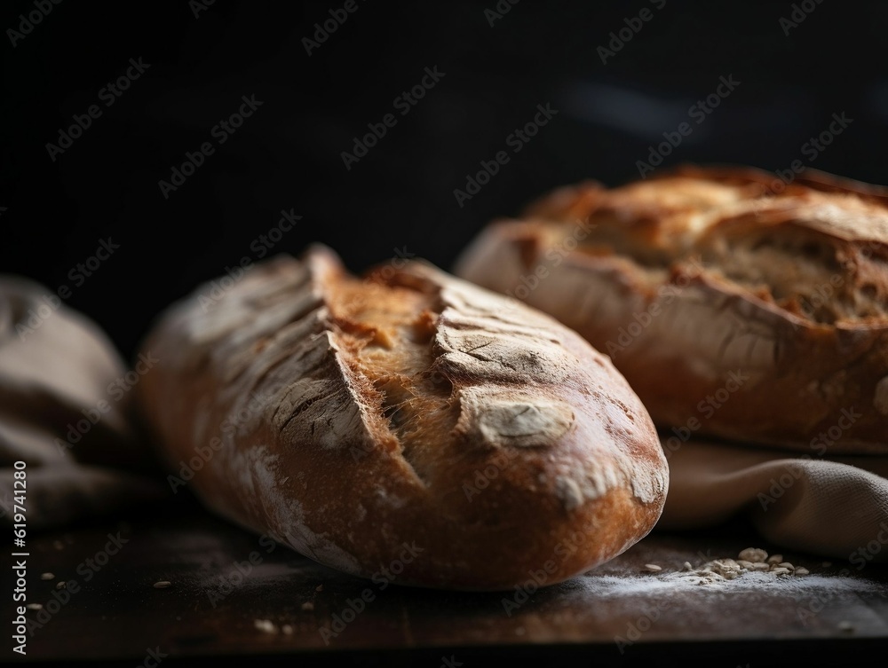 AI generated illustration of a loaf of freshly-baked bread on a wooden table