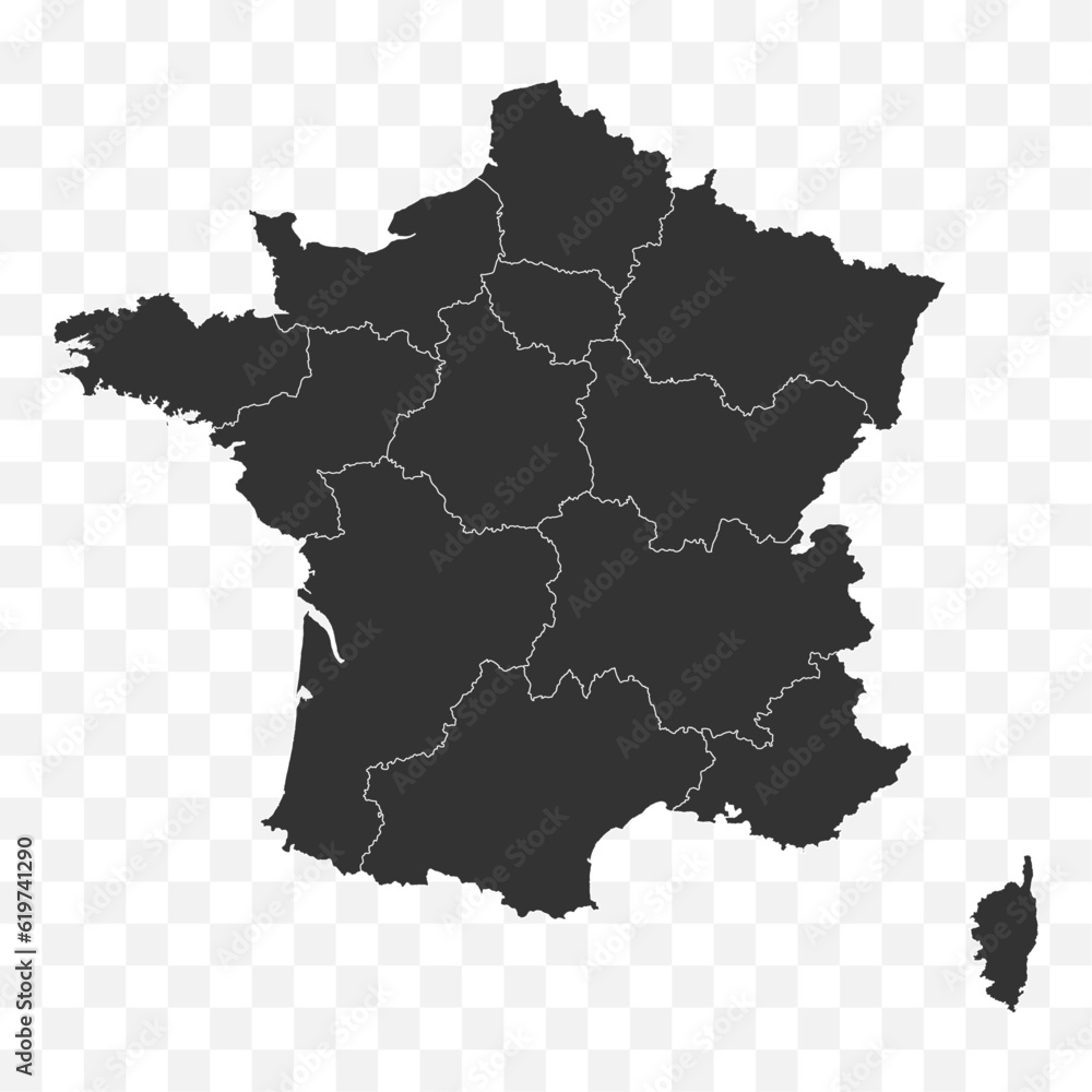 France map with borders. France political map of administrative divisions. Easily editable line art on transparent background.