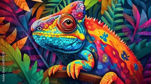 AI generated illustration of a beautiful, exotic chameleon on a green background of tropical foliage © Kate73/Wirestock Creators