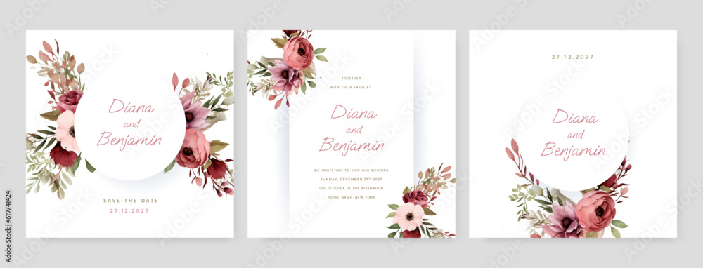 Card with flower, leaves. Wedding ornament concept. Floral poster, invite. Vector decorative greeting card or invitation design background