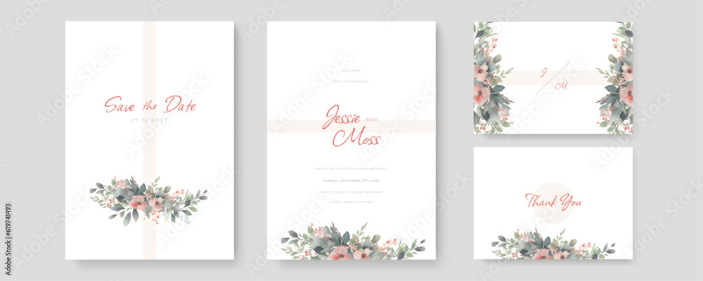 Floral wedding invitation template set with navy and peach watercolor roses and leaves decoration. Botanic card design concept