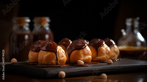 AI-generated illustration of profiterole with chocolate cream.
