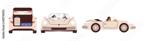 Family road trip concept. Happy romantic couple traveling by car. People in cabrio at road trip. Suitcase, bags and other luggage in the trunk of the car on the back. Flat vector illustration isolated