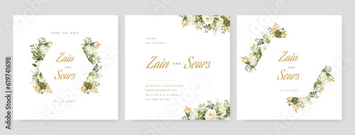 Elegant wedding card with beautiful floral and leaves template