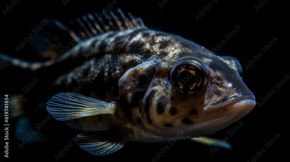 AI generated illustration of an illuminated fish swimming in a dark aquarium tank AI generated illustration of an illuminated fish swimming in a dark aquarium tank