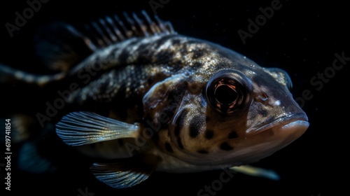 AI generated illustration of an illuminated fish swimming in a dark aquarium tank