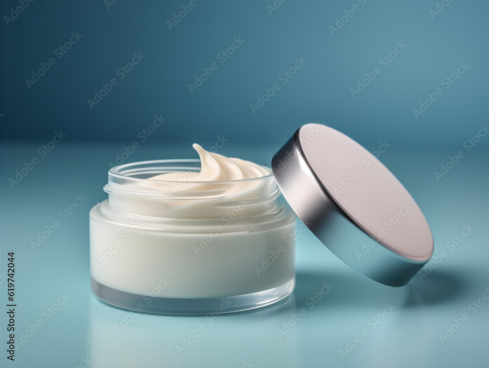 Cosmetic cream jar mockup on blue background Cosmetic cream jar mockup on blue background