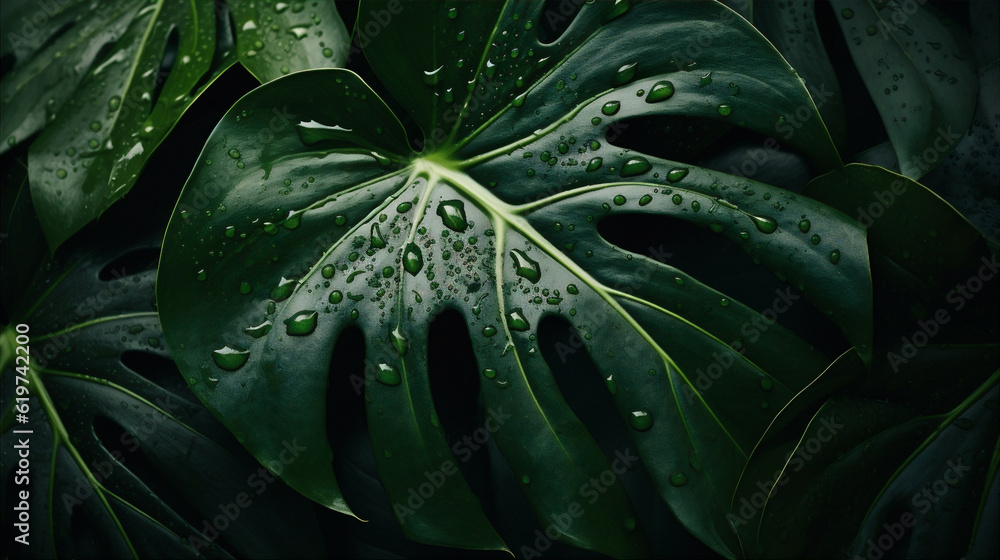 Fototapeta premium Dark Green monstera wet rainy leaf background