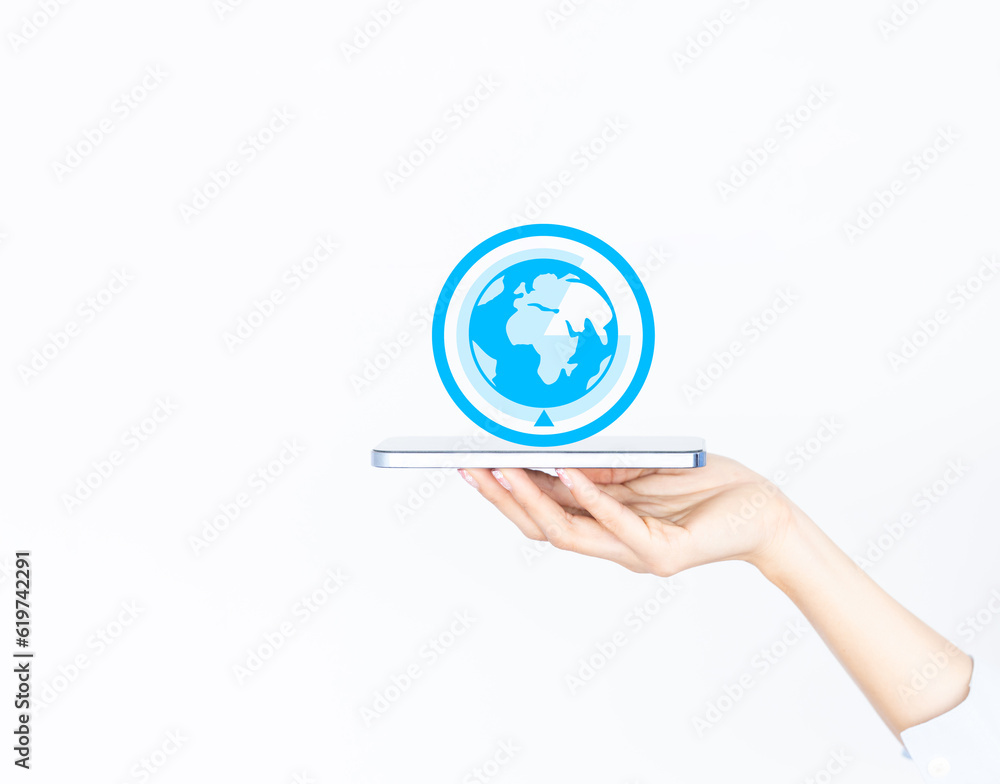 Woman hand palm faced upwards holding smartphone .Global internet connection technology.Business,digital marketing ,finance and banking,digital link technology,big data.AI controls technology futurist Woman hand palm faced upwards holding smartphone .Global internet connection technology.Business,digital marketing ,finance and banking,digital link technology,big data.AI controls technology futurist