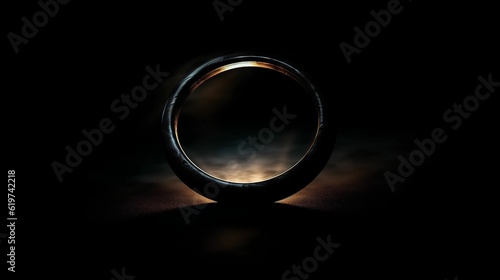 AI generated illustration of a golden ring illuminated brightly against a dark background