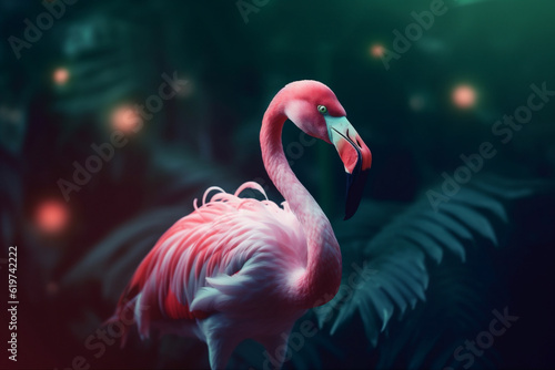 Pink flamingo on green jungle background close up view © Anna Puzatykh