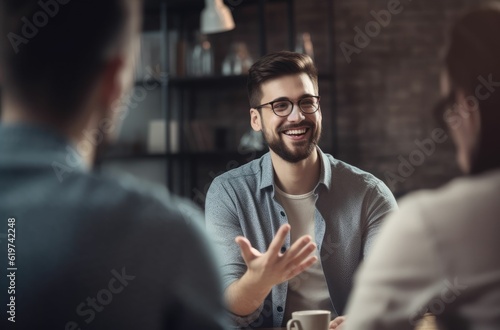 AI-generated illustration of a young man and his colleagues engaged in a productive discussion. photo
