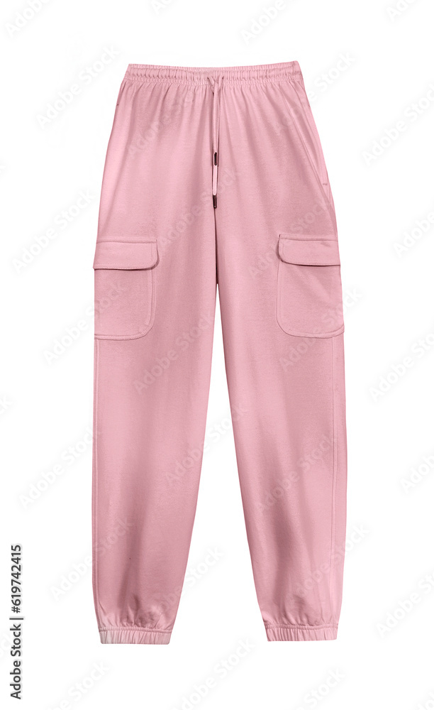 Pink joggers with pockets isolated on white. Trendy female sport pants.Women's trousers. Pink joggers with pockets isolated on white. Trendy female sport pants.Women's trousers.