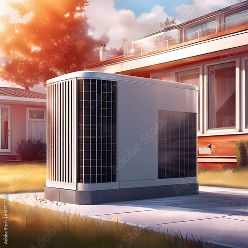 Wärmepumpen vor einem modernen Haus. Energiewende. Ökologisches Heizen und kühlen von Wohnungen. ai generierte 3d Illustration