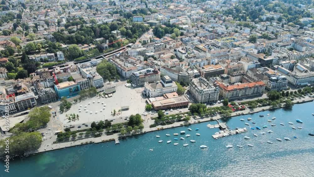 Flight over zurich with view of the city and the lake zurich