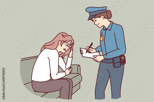 Woman police officer interrogates victim of robbery or attempted sexual assault to find perpetrator. Police officer investigates crimes, recording girl testimony for further investigation.