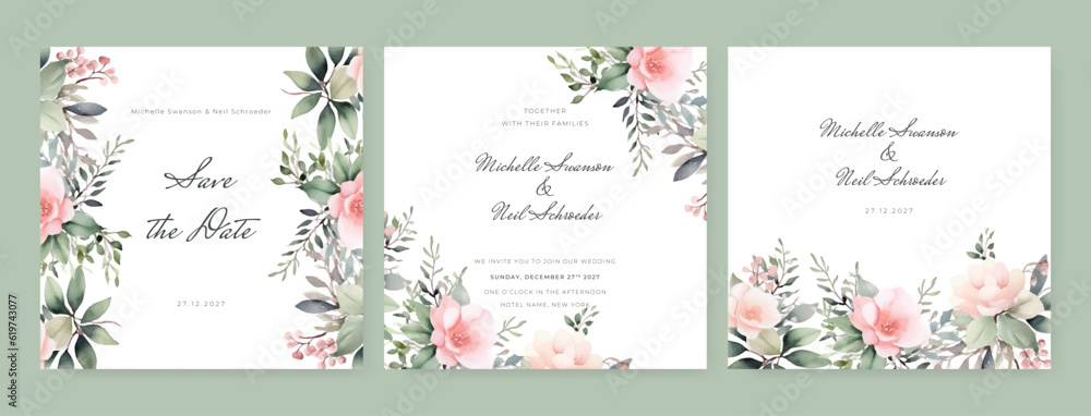Elegant wedding invitation card template with watercolor and floral decoration. Flowers background for social media stories, save the date, greeting, rsvp, thank you