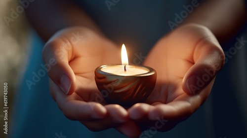Closeup shot of human hands holding a small candle