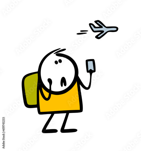 Frustrated stickman missed his flight to the plane, holds a ticket and looks at the sky. Vector illustration of an airport travel problem.
