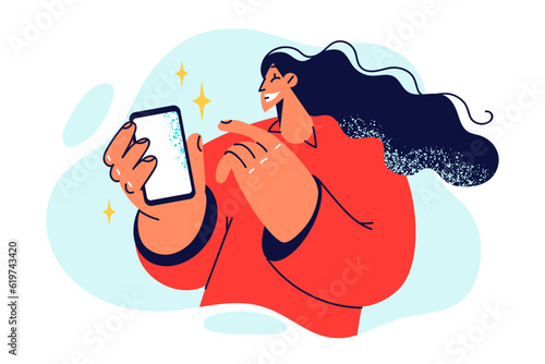 Woman with mobile phone in hands recommends using convenient application or website for shopping