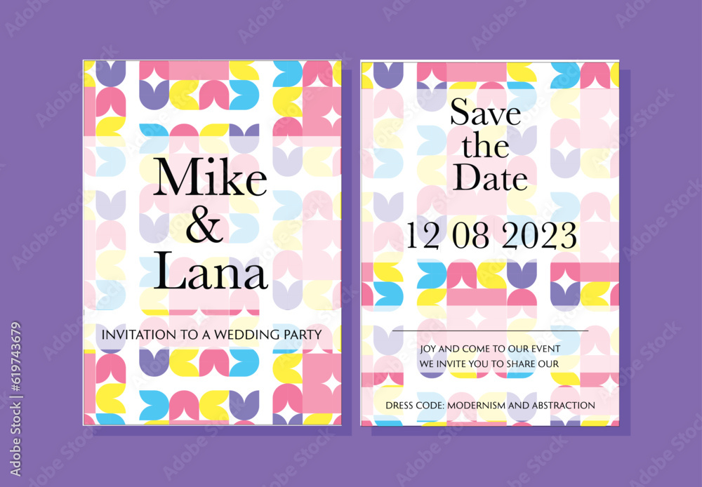 Wedding invitation template design.Hometric shapes and interesting invitation template design. Bright wedding template with different elements