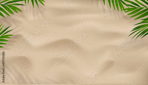 Sand texture background with palm leaves silhouette,Coconut leaf Shadow on Brown Sandy Beach,Vector top view Sand Surface,Backdrop background Wide Horizon Desert dune for Summer Product Presentation