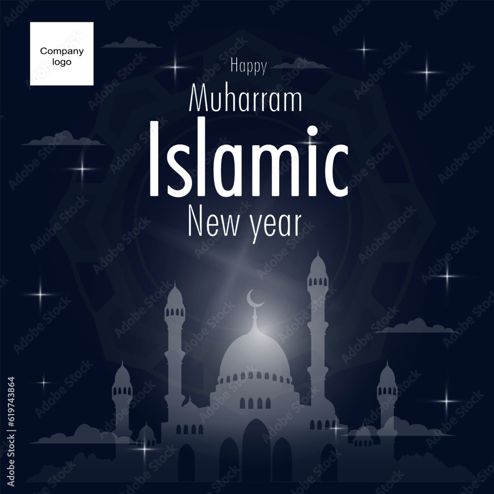 happy islamic new year with the symbol of a magnificent mosque and black color gradation