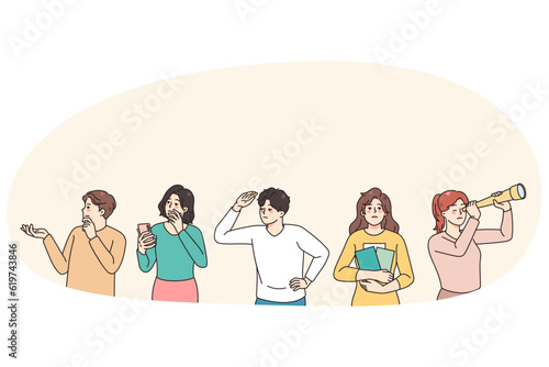 Diverse people with binoculars and spyglass feel confused looking for problem solution. Men and woman frustrated with dilemma, solving business trouble together. Vector illustration.