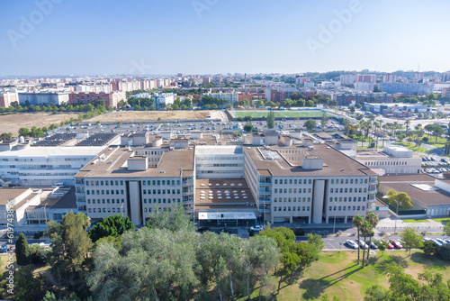 Aerial drone view of the Juan Ramon Jimenez University Hospital, a public hospital complex belonging to the Andalusian Health Service located in the Spanish city of Huelva