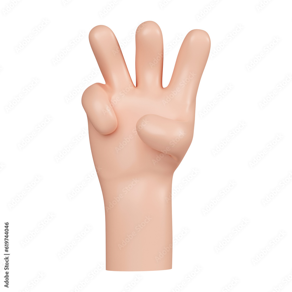 3d hand showing three fingers. icon isolated on yellow background. 3d rendering illustration. Clipping path. 3d hand showing three fingers. icon isolated on yellow background. 3d rendering illustration. Clipping path.