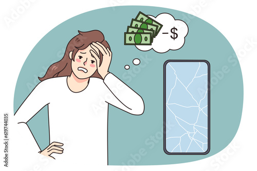 Distressed young woman frustrated with broken smartphone and extra expenses on repair service. Unhappy girl stressed with cellphone screen crash and fixing price. Vector illustration.