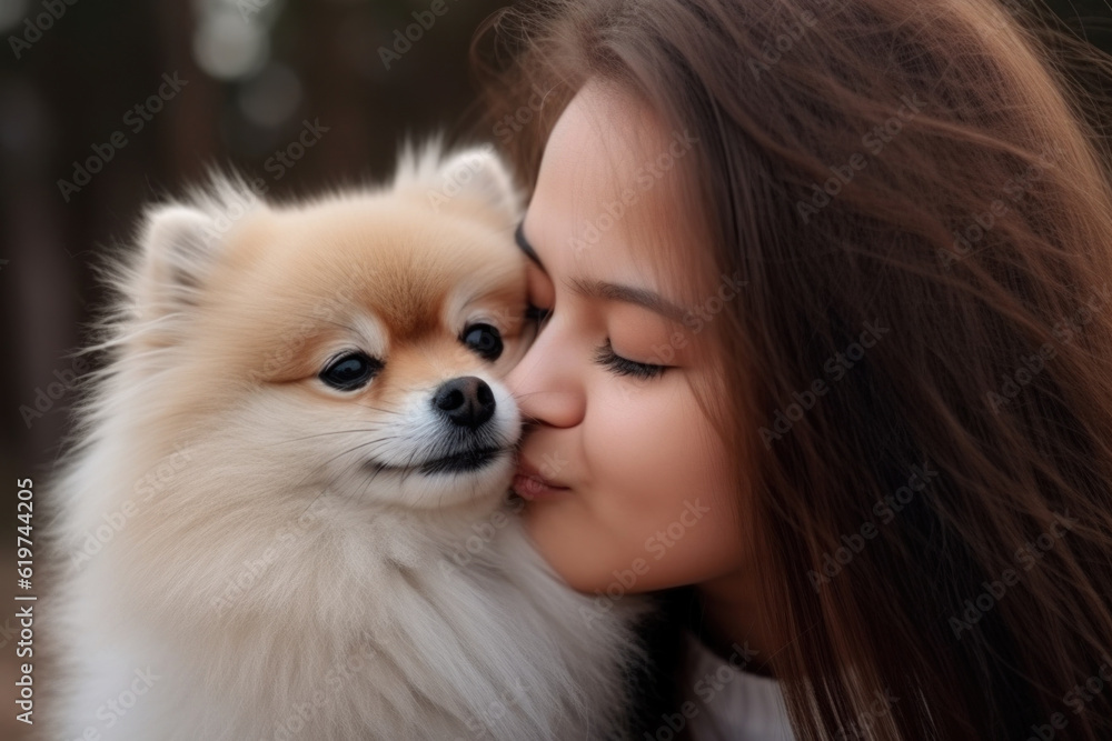 Girl with dark hair hugging pomeranian Girl with dark hair hugging pomeranian