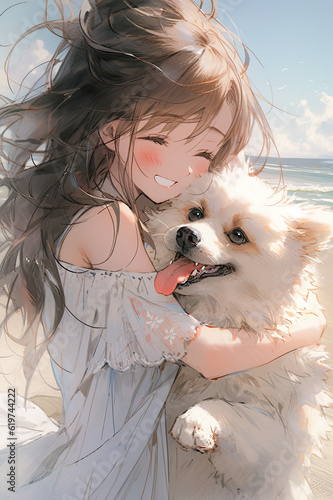 Girl playing with a big samoyed on the shore, anime illustration
