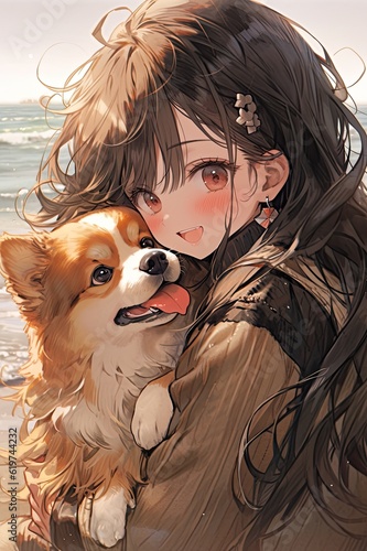 Beautiful girl holding a puppy on the seashore, anime illustration