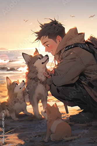 Teenager playing on the seashore with three puppies