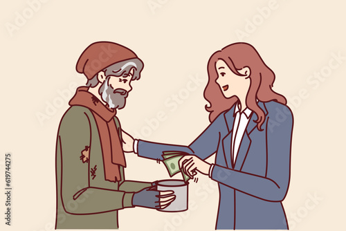 Successful woman helps beggar by giving money for food and lodging to save person has fallen into difficult situation. Merciful businesswoman in formal wear generously helps beggar for charity concept