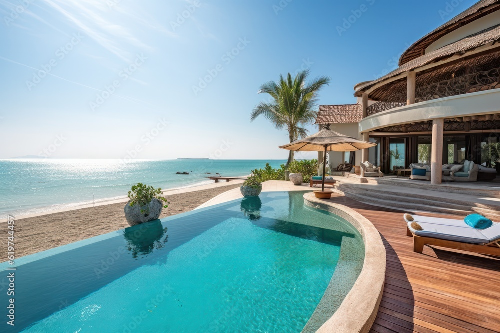 Beachfront villa with expansive sea view, sparkling swimming pool and elegant terrace, perfect for lavish vacation. Generative AI